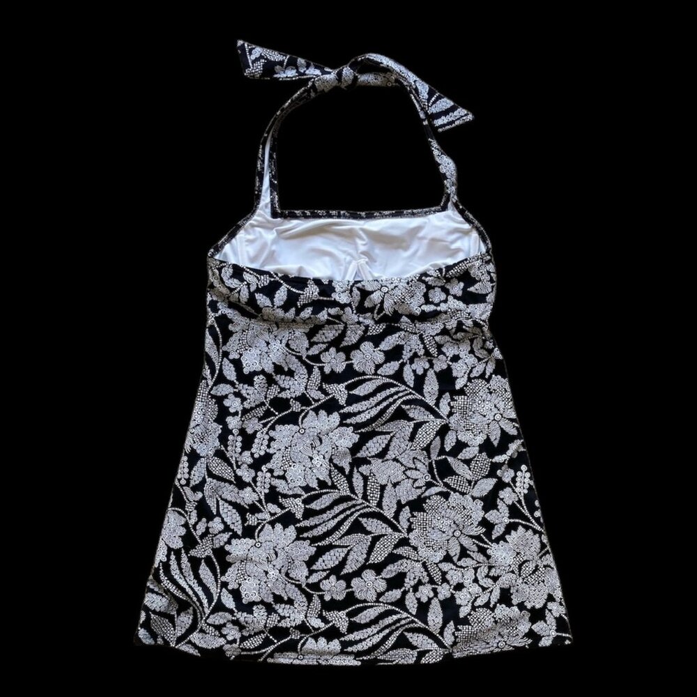 Lands' End Black & White Print Square Neck Halter A-Line Swim Dress 12 Swim Top - Picture 7 of 15